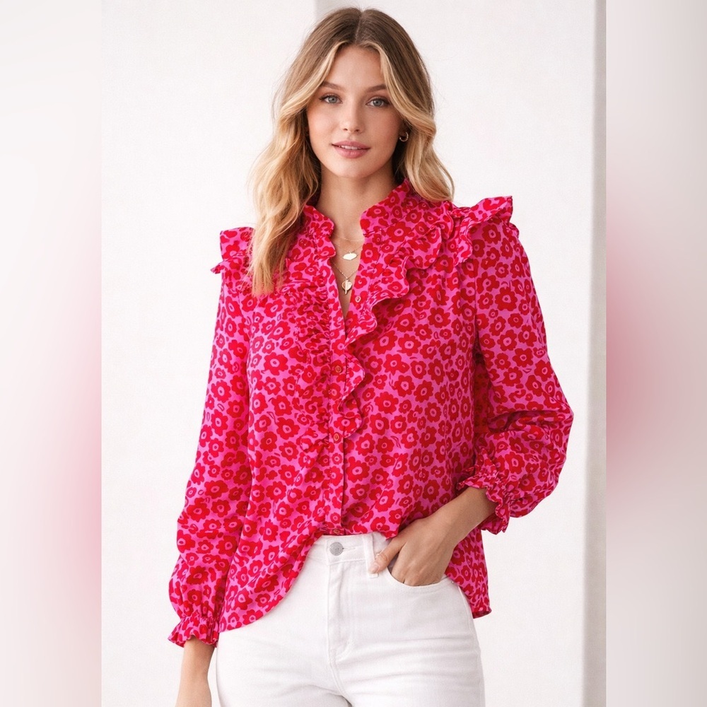 Karlie Large Pink Red Floral Ruffle Blouse Button Front Statement Top